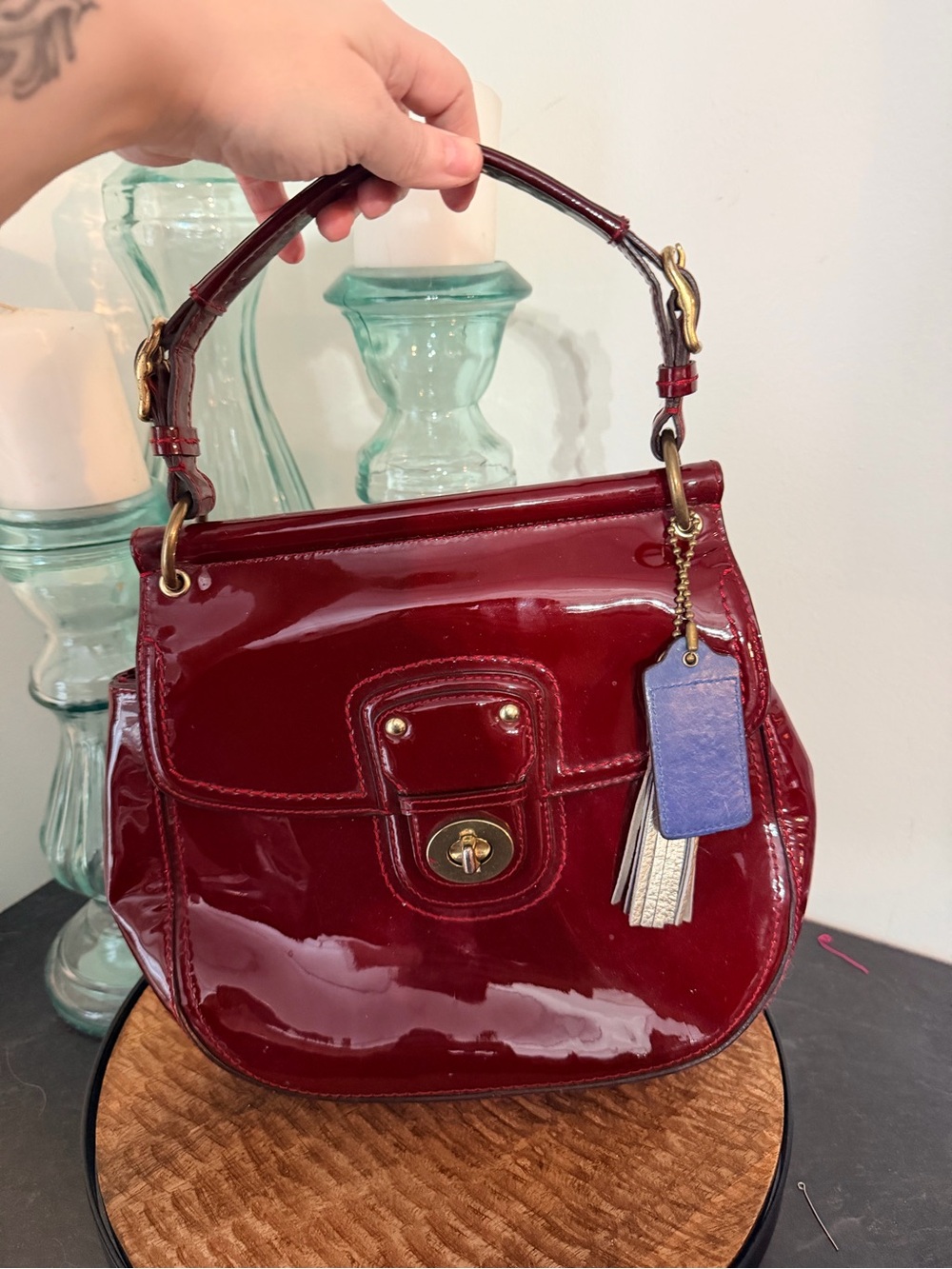 Coach Red Patent Leather Mini Top-Handle Bag with Tassel Charm